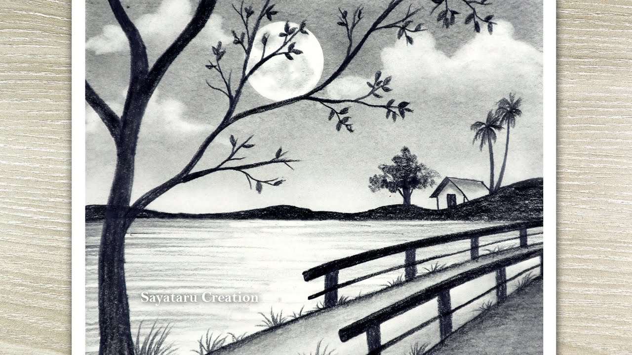 River Side Scenery Drawing with Pencil Sketch, Pencil Drawing for Beginners  - YouTube